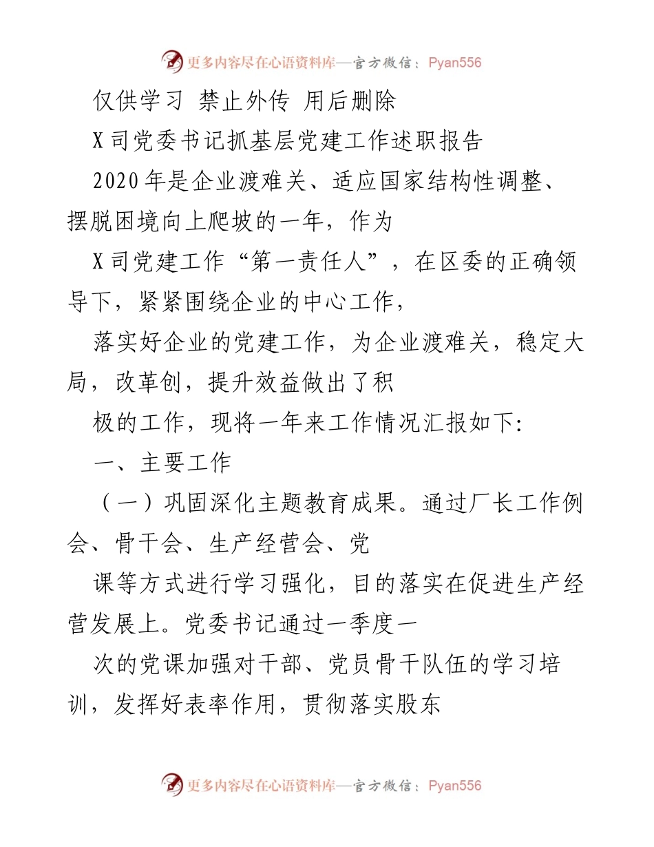 [述职报告] 企业党建工作 - X司党委书记年度党建工作述职报告.docx_第1页