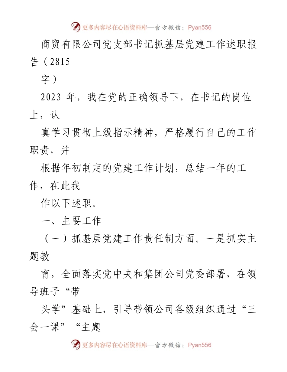 [述职报告] 商贸有限公司党支部 - 2023年党支部书记基层党建工作述职总结.docx_第1页