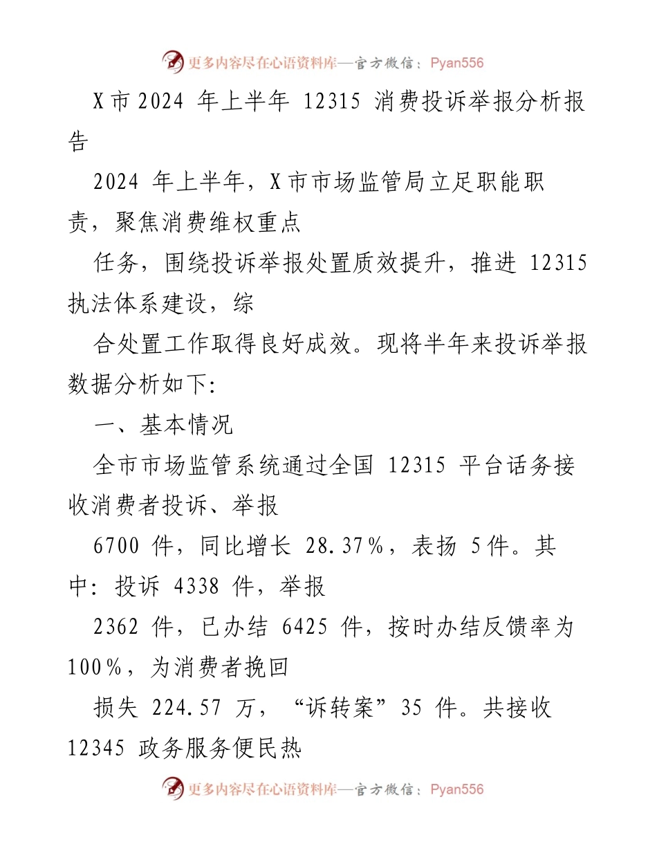 [调研报告] 消费维权 - X市2024年上半年12315消费投诉举报分析报告.docx_第1页