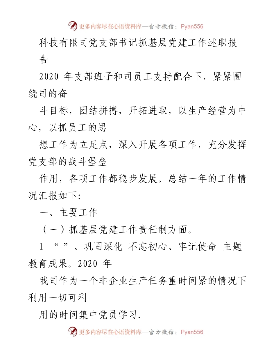 [述职报告] 党支部工作总结 - 2020年度科技有限司党支部书记党建工作述职报告.docx_第1页