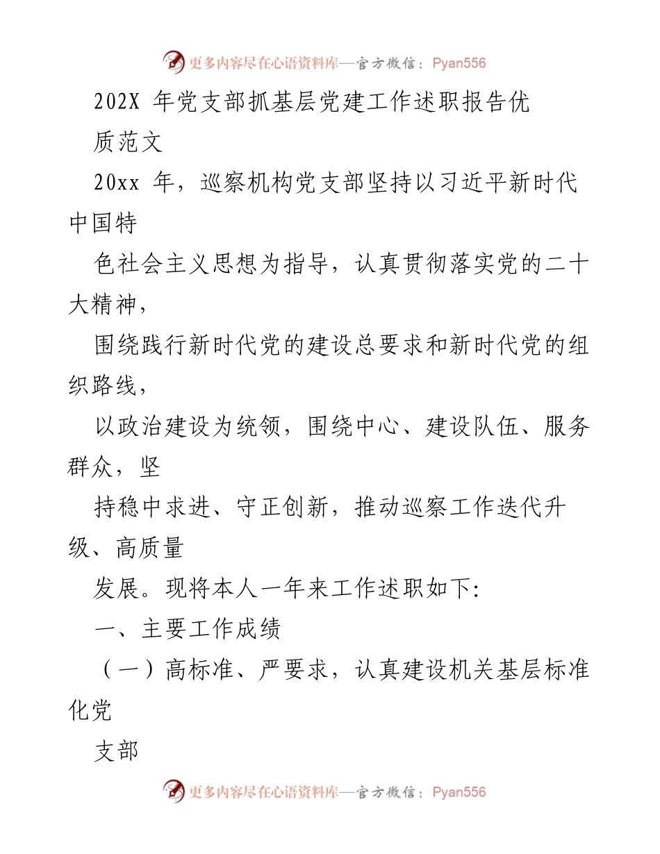 [述职报告] 党支部工作总结 - 202X年巡察机构党支部基层党建工作述职报告.docx_第1页