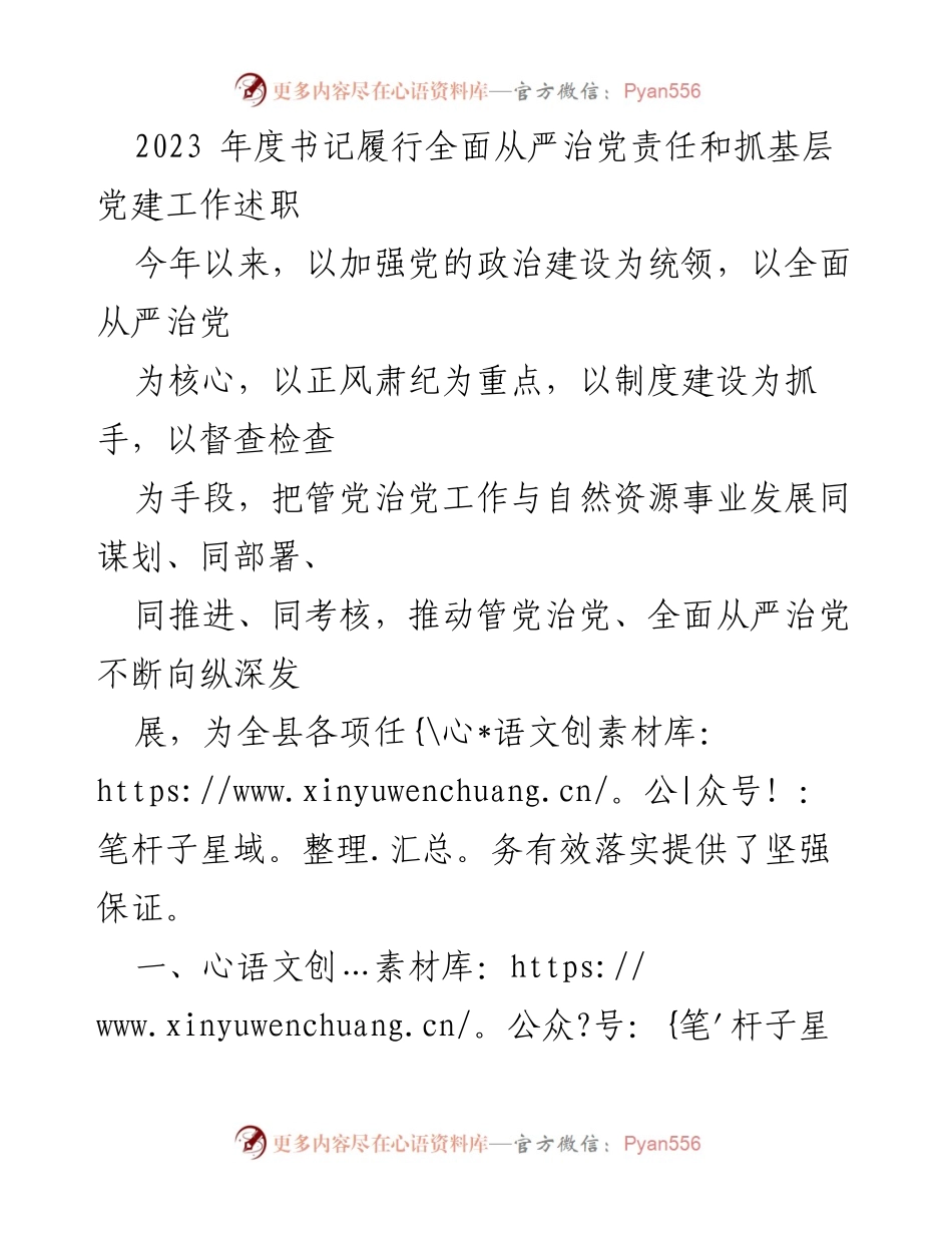 [述职报告] 书记年度工作总结 - 2023年度书记全面从严治党责任及基层党建工作述职.docx_第1页