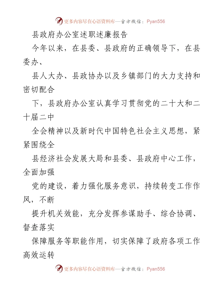[述职报告] 县政府办公室 - 加强党建工作，提升服务效能_1.docx_第1页