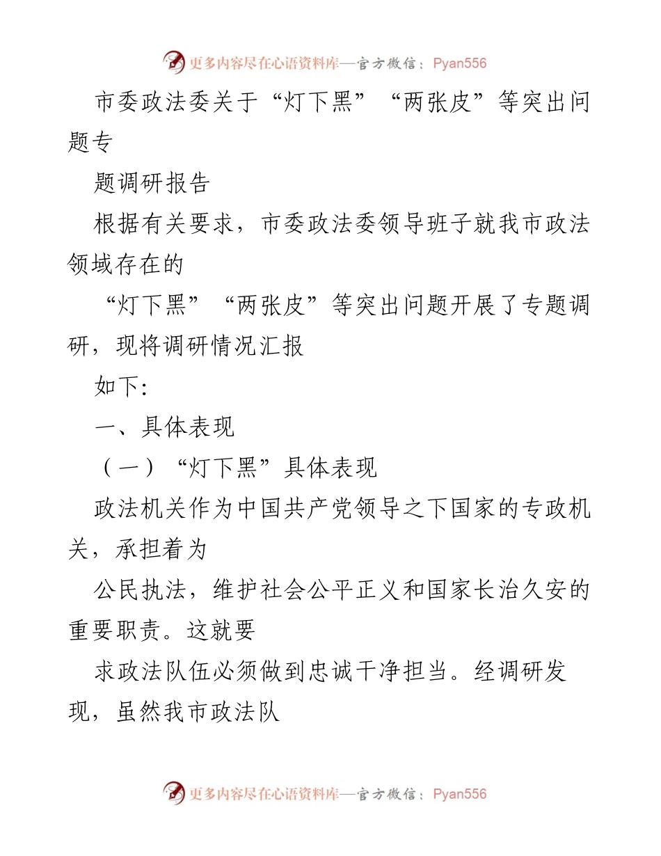 [调研报告] 政法领域 - 市委政法委关于“灯下黑”“两张皮”等突出问题的专题调研报告.docx_第1页