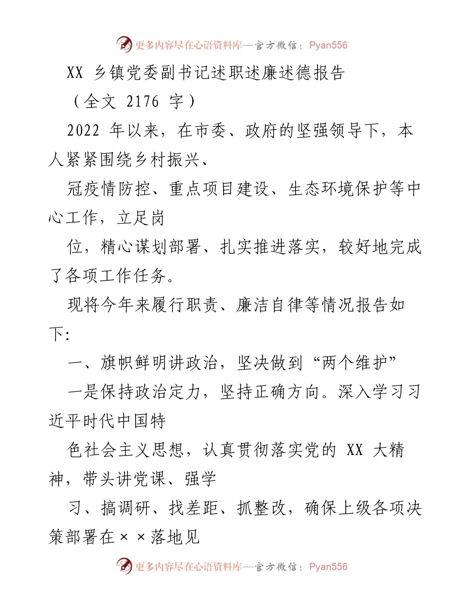 [述职报告] 乡镇党委工作 - XX乡镇党委副书记2022年度述职报告.docx_第1页