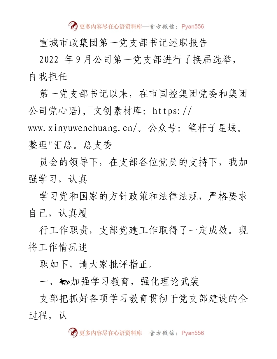 [述职报告] 党支部工作总结 - 宣城市政集团第一党支部书记述职报告.docx_第1页