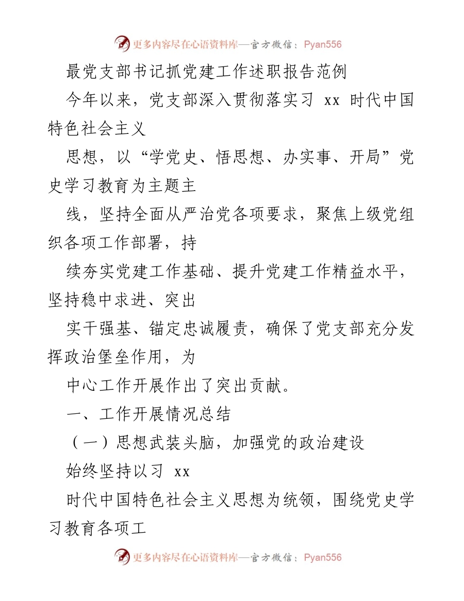 [述职报告] 党支部工作总结 - 加强党建工作，推动党支部建设成效.docx_第1页