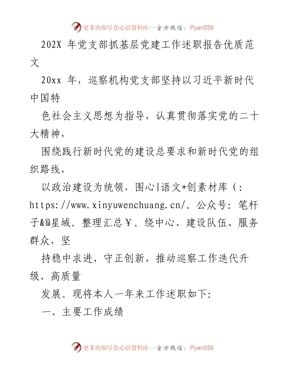 [述职报告] 党支部工作总结 - 202X年巡察机构党支部抓基层党建工作述职报告.docx_第1页