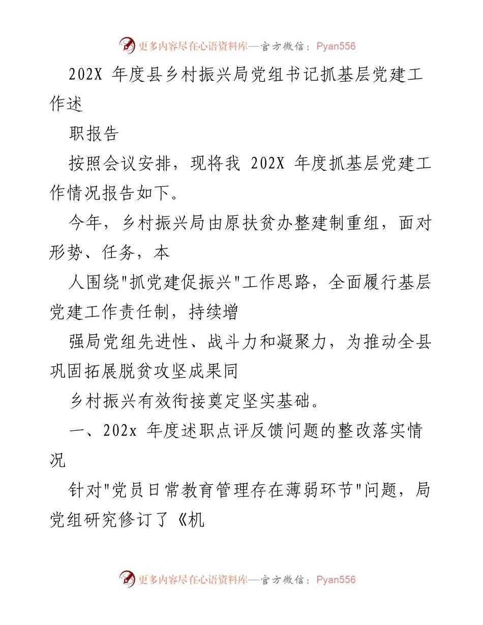 [述职报告] 党建工作会议 - 202X年度乡村振兴局党组书记党建工作述职报告.docx_第1页
