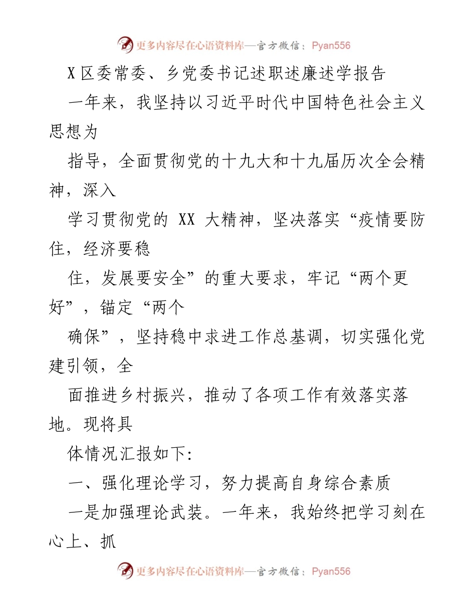 [述职报告] 乡党委书记述职 - 加强理论学习与推动乡村振兴的实践探索.docx_第1页