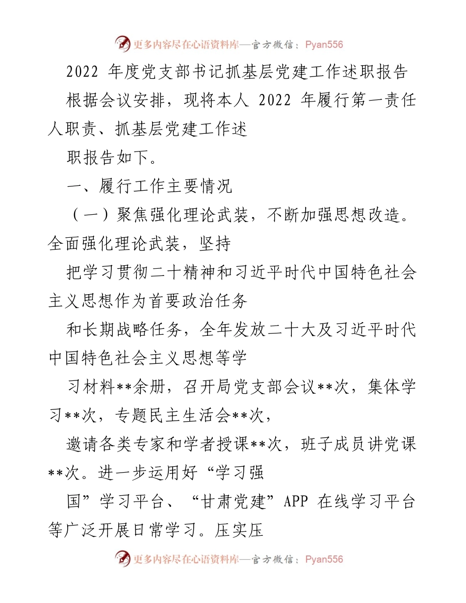[述职报告] 党支部会议 - 2022年度党支部书记抓基层党建工作述职报告.docx_第1页