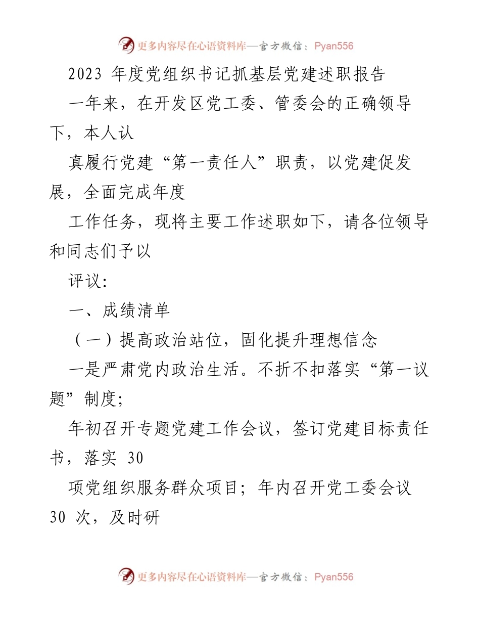 [述职报告] 党组织书记年度述职 - 2023年度党组织书记抓基层党建工作述职报告.docx_第1页