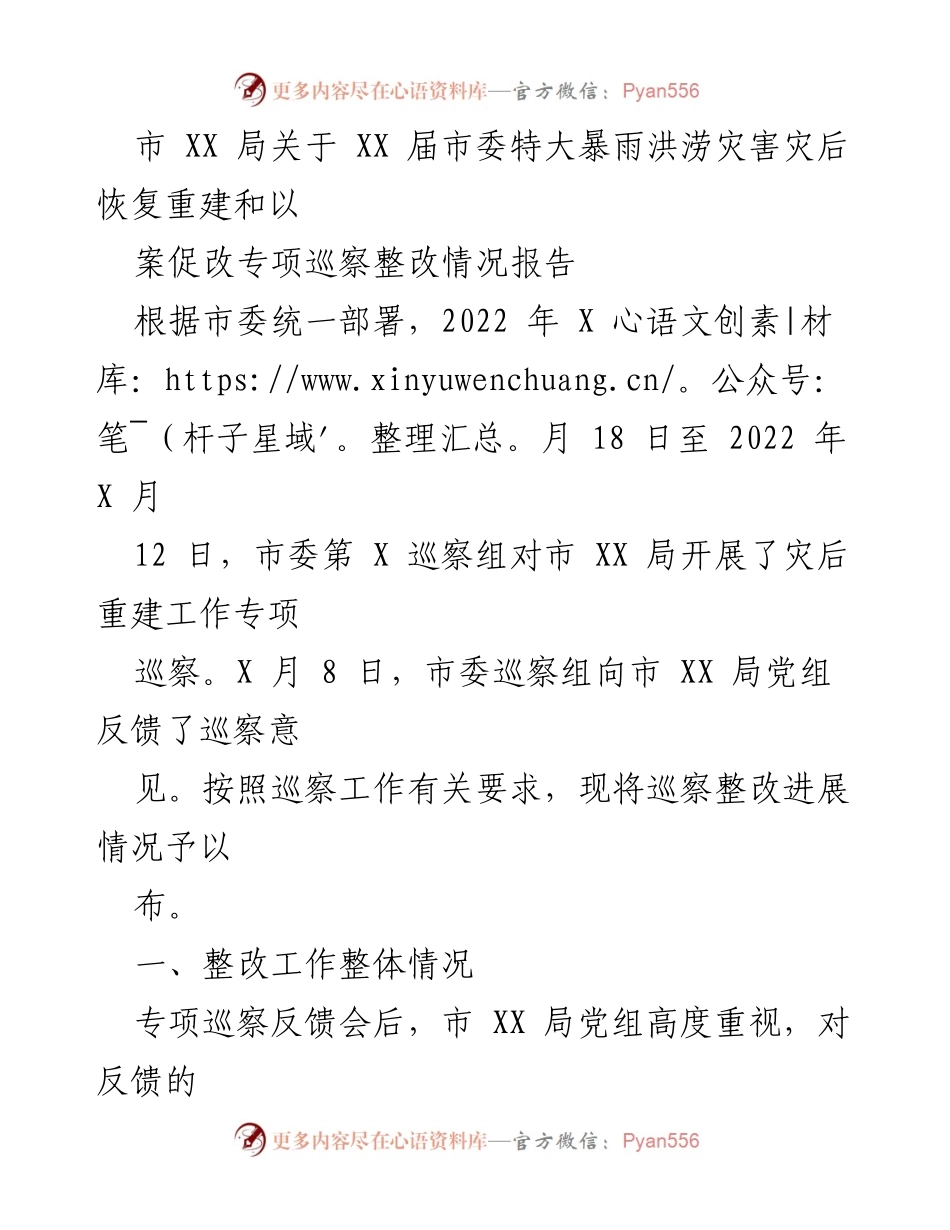 [调研报告] 灾后恢复 - 市 XX 局灾后恢复重建专项巡察整改情况报告.docx_第1页