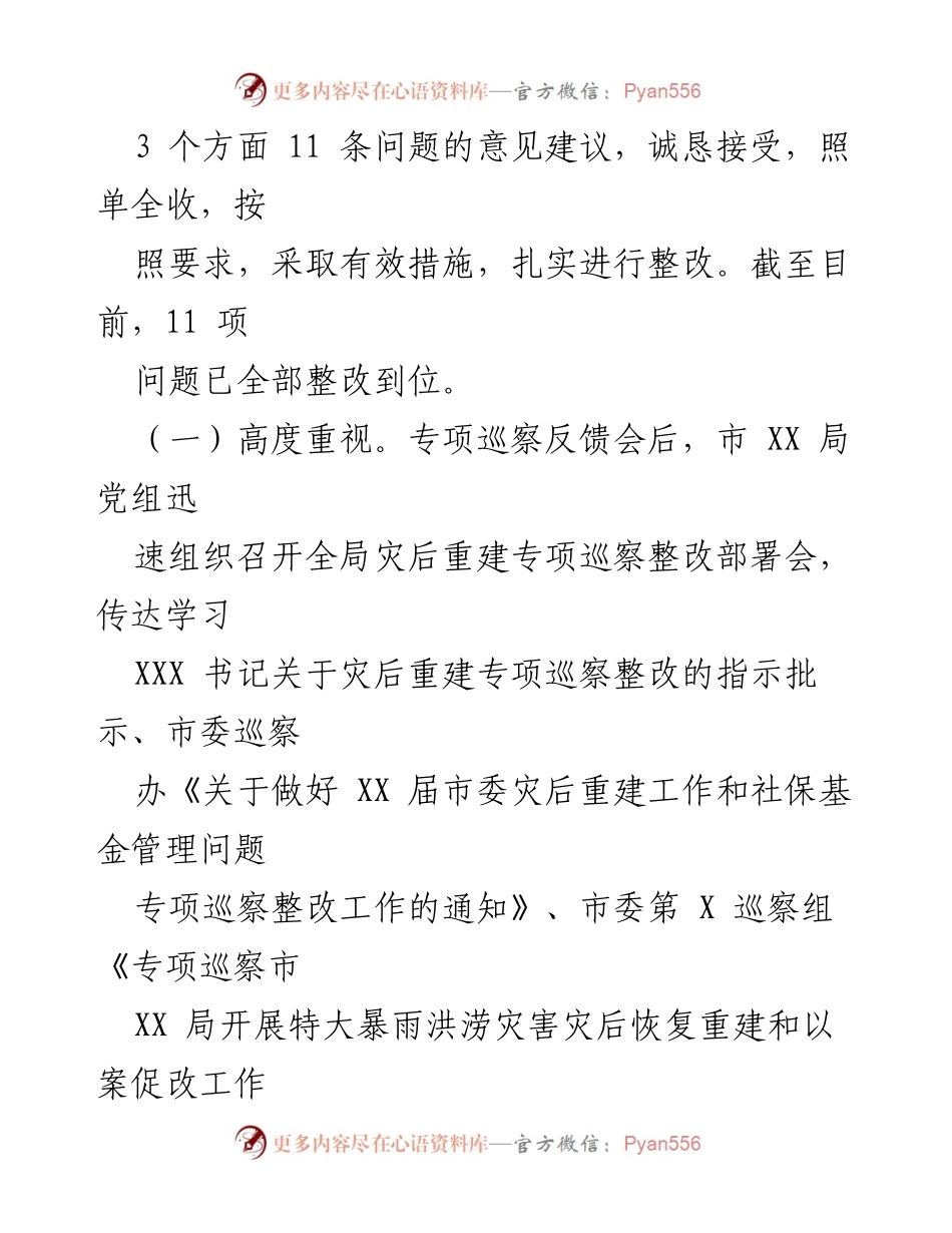 [调研报告] 灾后恢复 - 市 XX 局灾后恢复重建专项巡察整改情况报告.docx_第2页