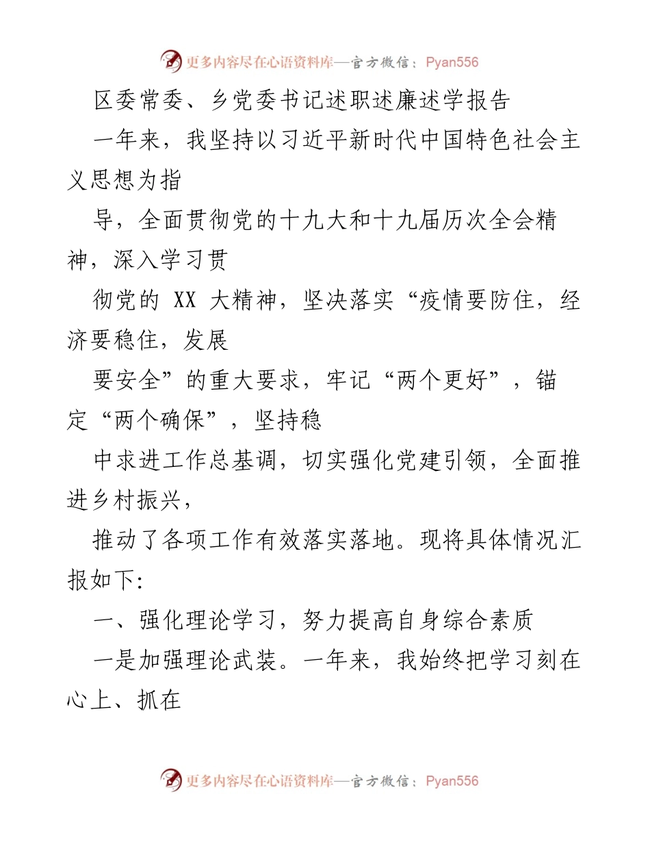 [述职报告] 区委常委、乡党委书记 - 一年来的理论学习与工作推进总结.docx_第1页