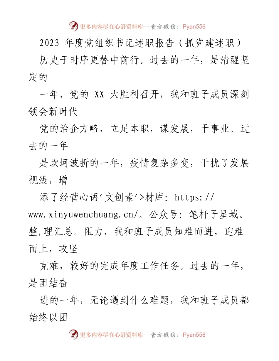 [述职报告] 党组织书记述职 - 2023年度党建工作述职报告.docx_第1页