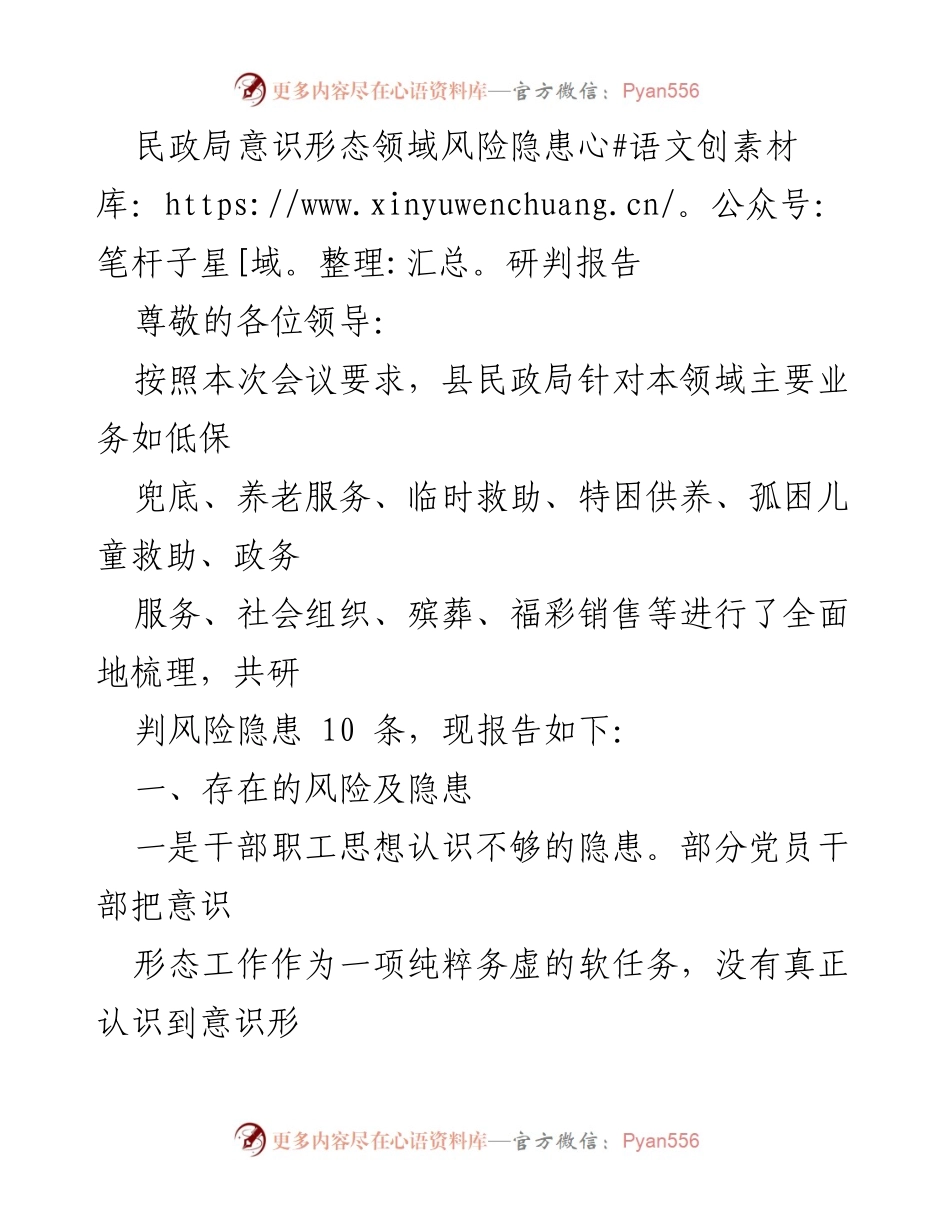 [调研报告] 民政局会议 - 民政局意识形态领域风险隐患研判及防范措施报告.docx_第1页
