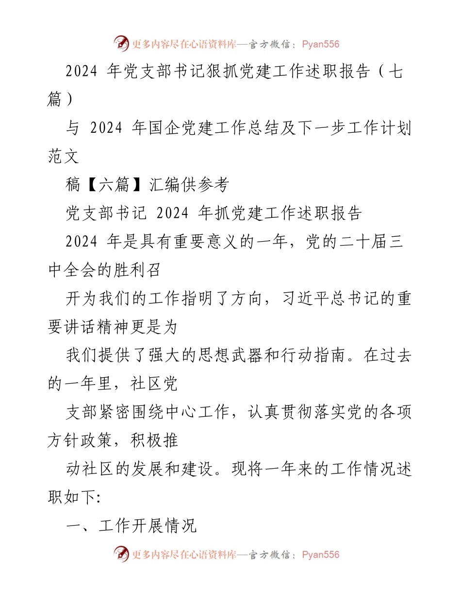 [述职报告] 党建工作会议 - 2024年党支部书记党建工作述职总结与展望.docx_第1页