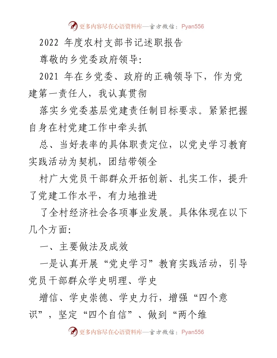[述职报告] 农村党建 - 2022年度农村支部书记述职报告总结.docx_第1页