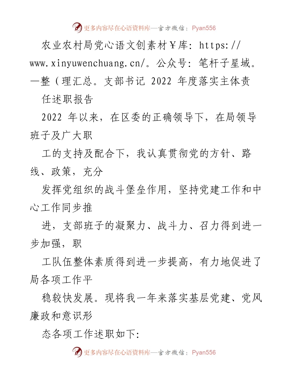 [述职报告] 农业农村局 - 2022年度党支部书记责任落实述职报告.docx_第1页