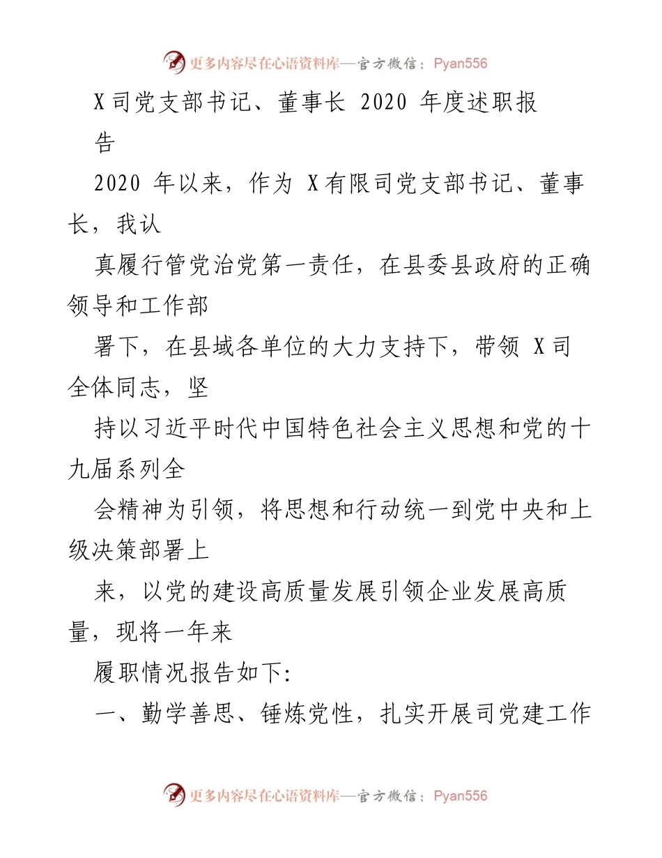 [述职报告] 党支部年度总结 - 2020年度党支部书记述职报告.docx_第1页