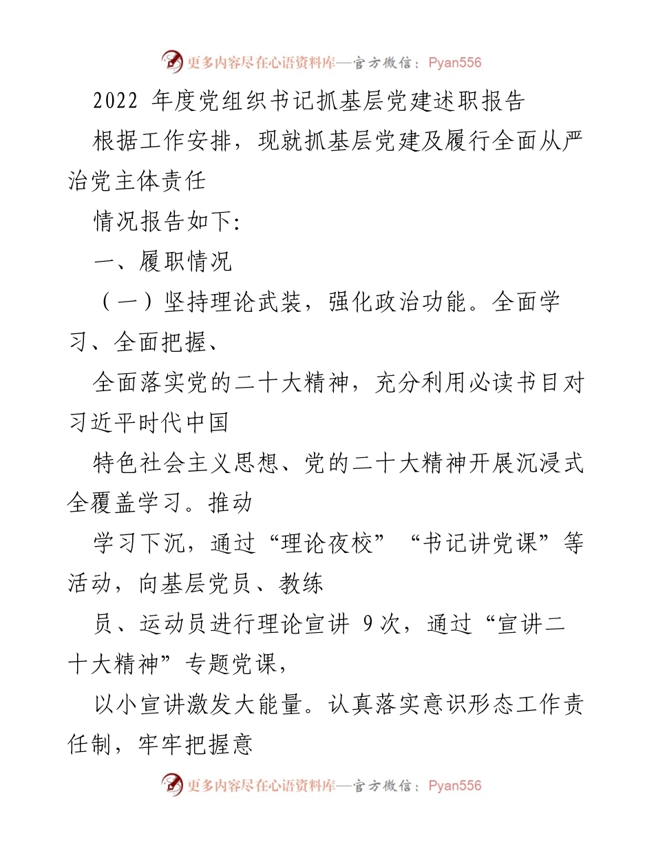 [述职报告] 党组织工作 - 2022年度党组织书记抓基层党建述职报告.docx_第1页