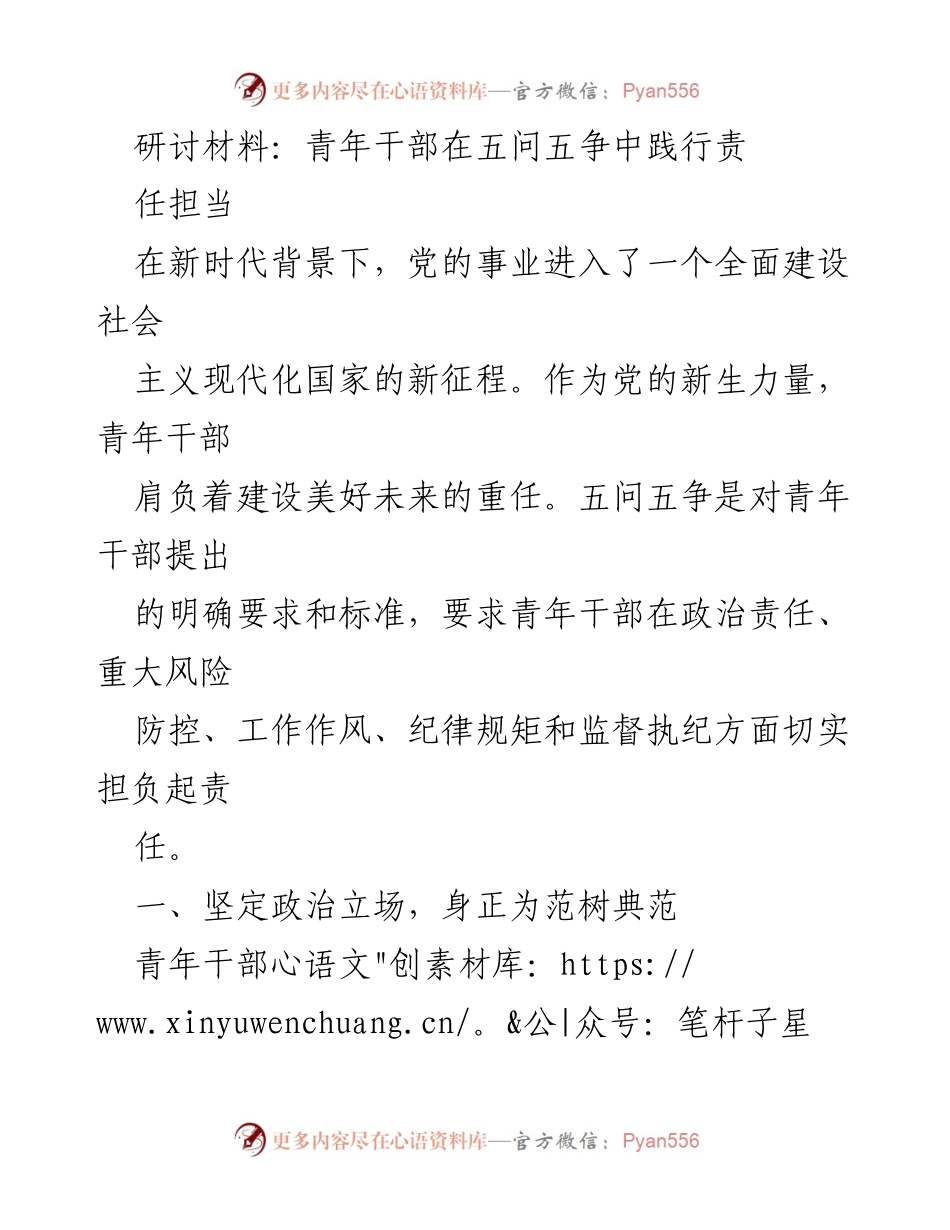 [调研报告] 青年干部发展 - 青年干部在五问五争中践行责任担当.docx_第1页