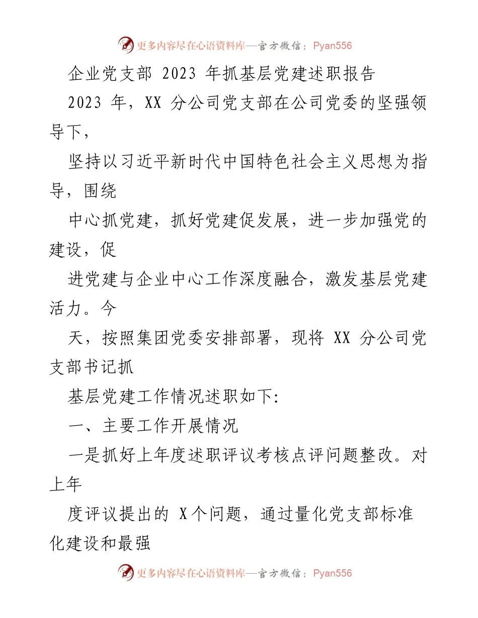 [述职报告] 企业党支部 - 2023年XX分公司党支部抓基层党建工作述职报告.docx_第1页