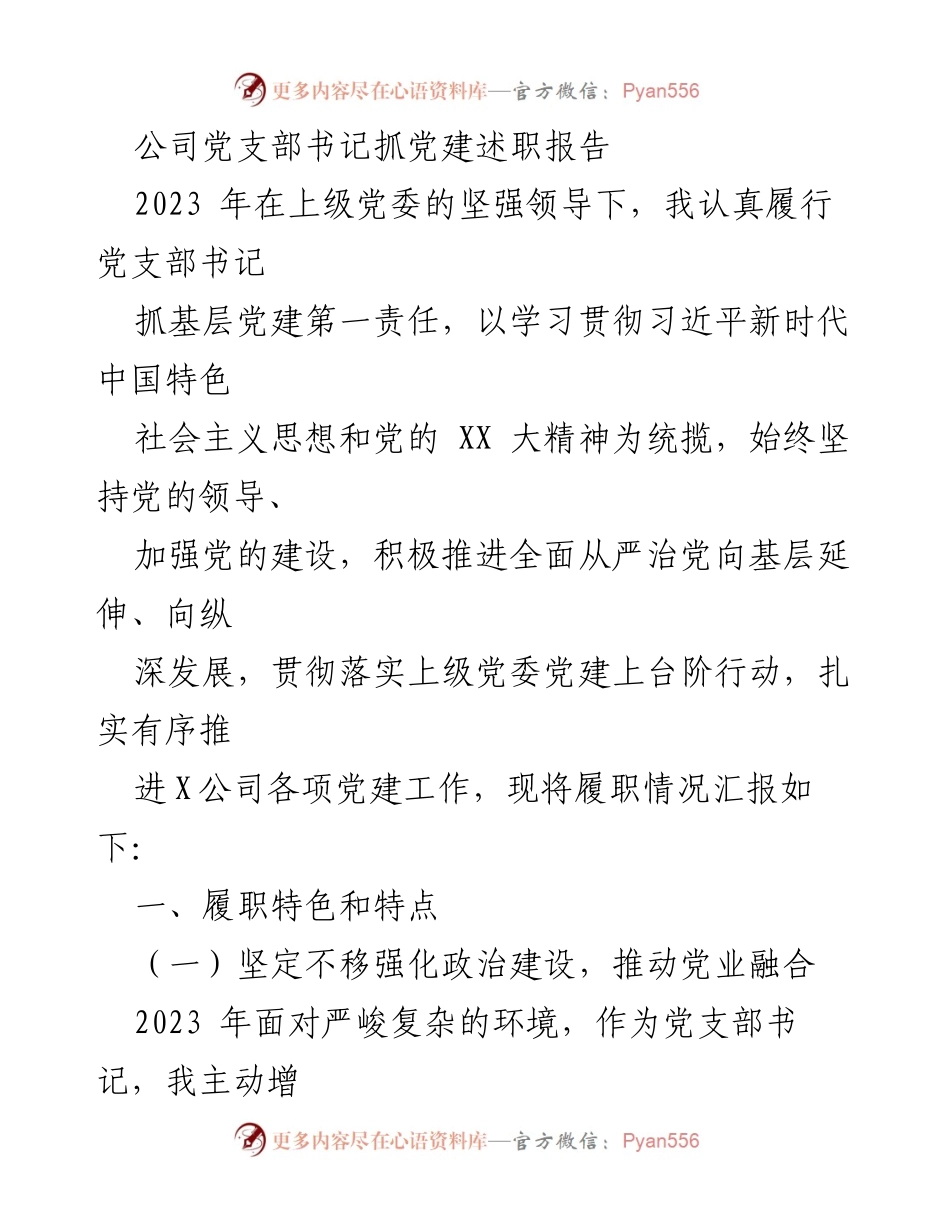 [述职报告] 党建工作 - 2023年公司党支部书记党建述职总结.docx_第1页