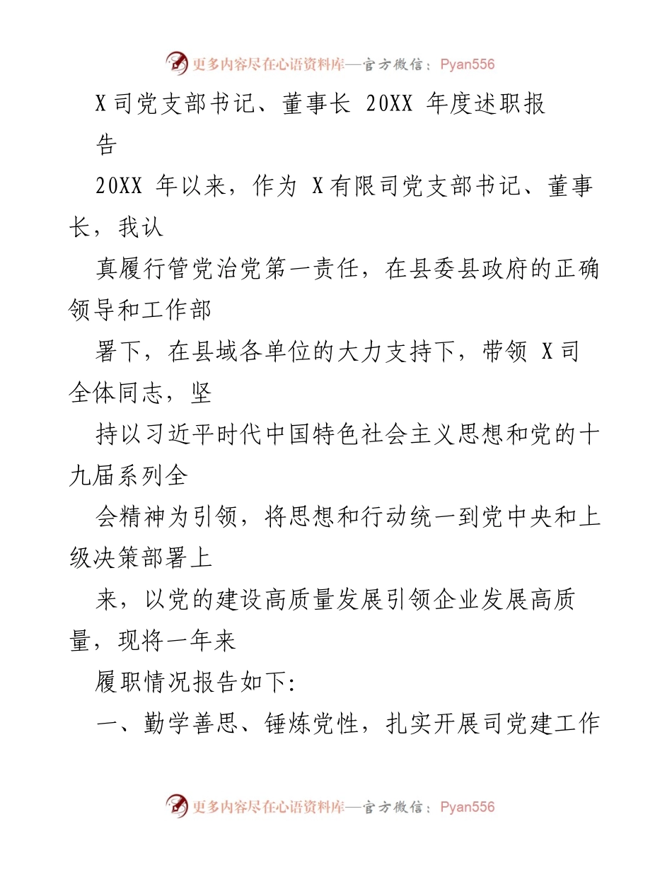 [述职报告] 企业党建 - 20XX年度党支部书记述职报告.docx_第1页
