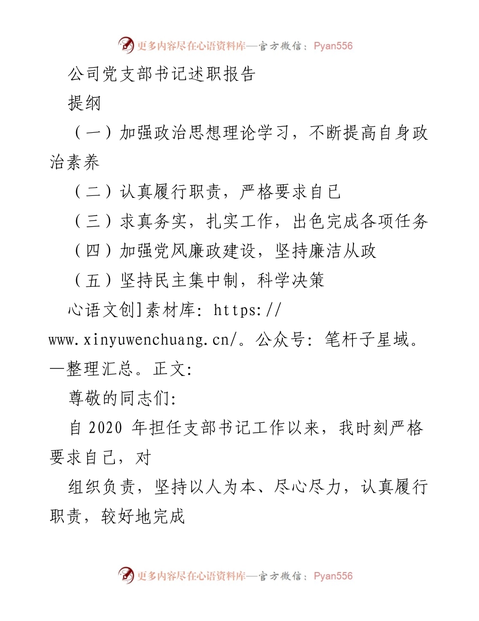 [述职报告] 公司党支部 - 2020年度党支部书记工作述职报告.docx_第1页