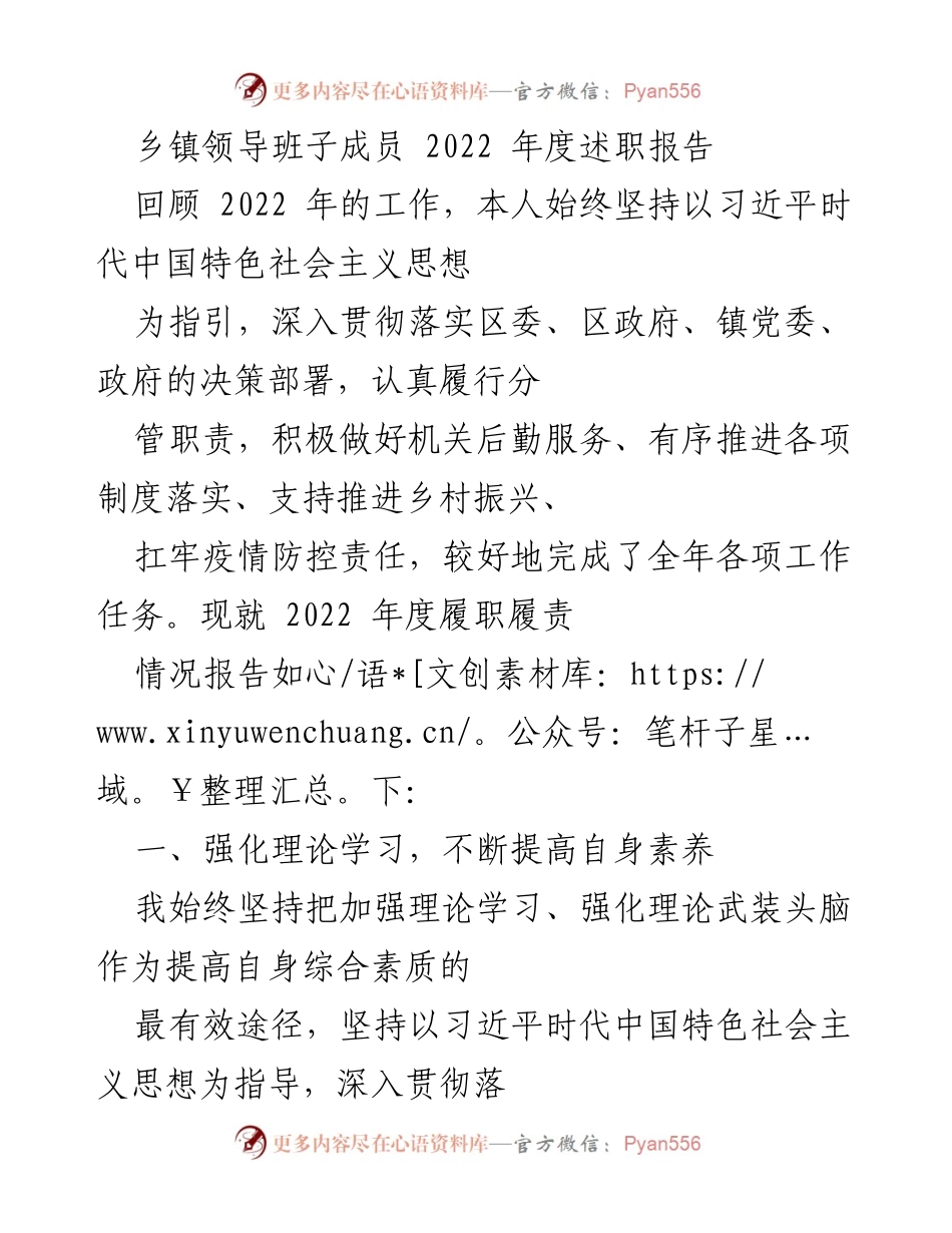 [述职报告] 乡镇领导班子 - 2022年度工作履职情况总结.docx_第1页