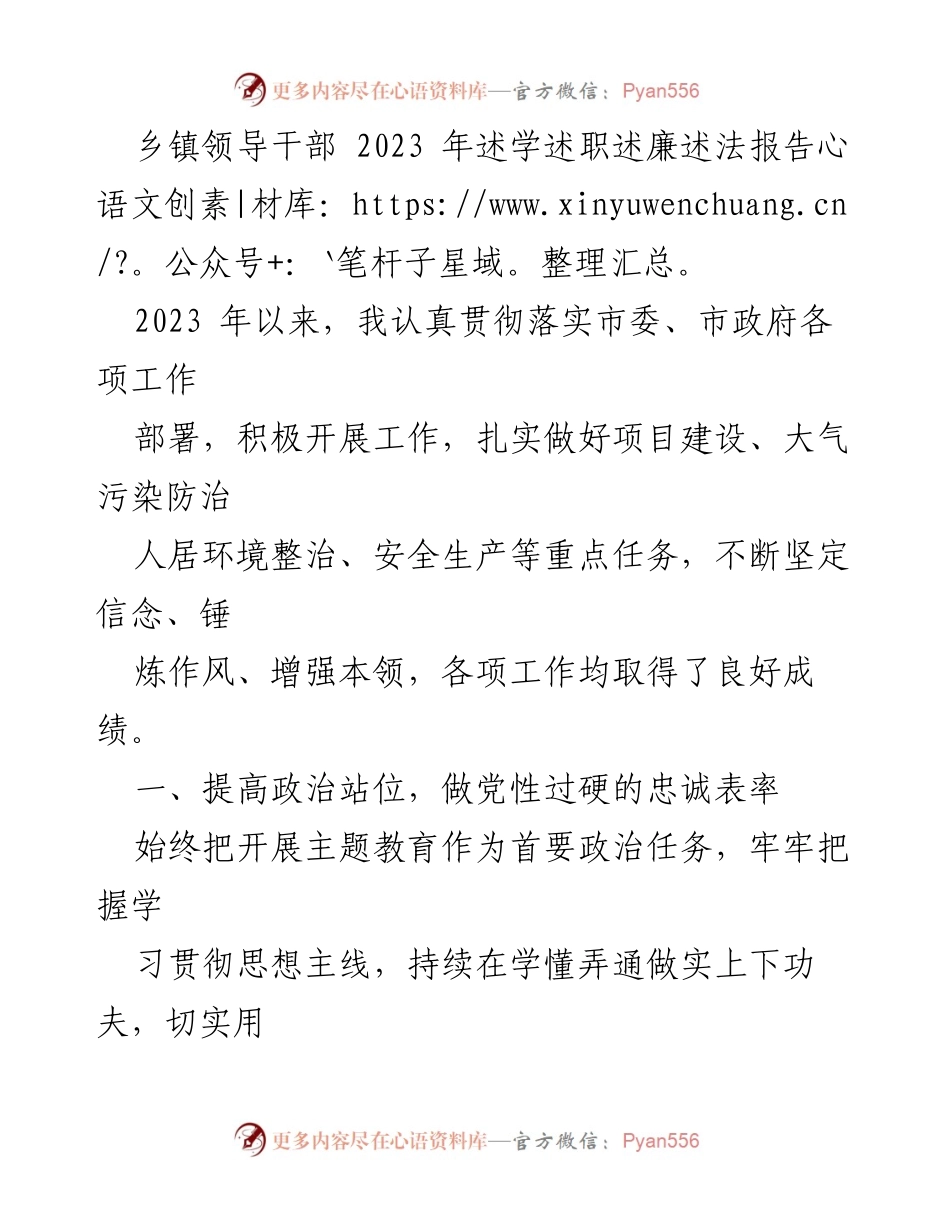 [述职报告] 乡镇干部 - 2023年乡镇领导干部述学述职述廉述法报告.docx_第1页