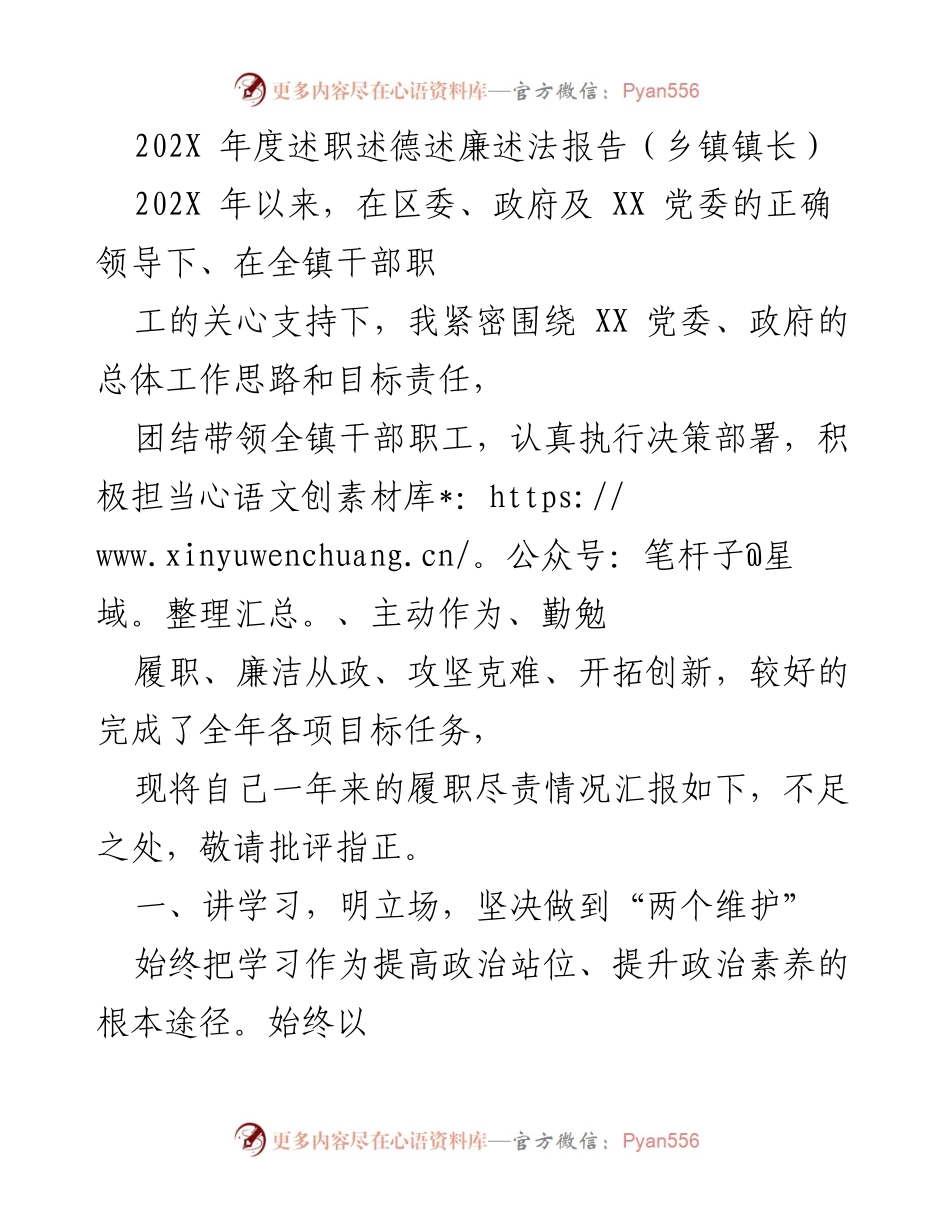 [述职报告] 乡镇镇长年度总结 - 202X年度述职述德述廉述法报告.docx_第1页