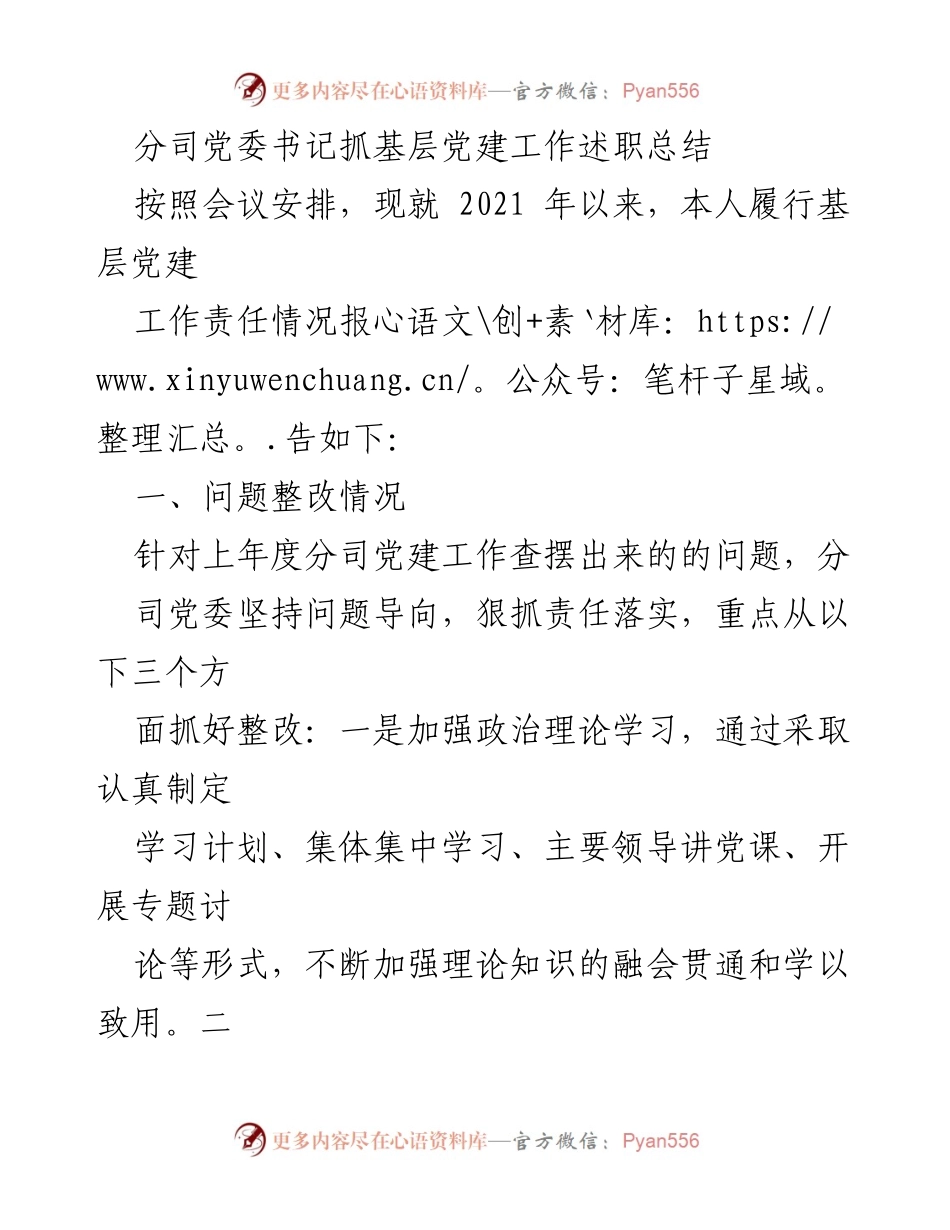 [述职总结] 基层党建工作 - 分司党委书记基层党建工作述职总结.docx_第1页
