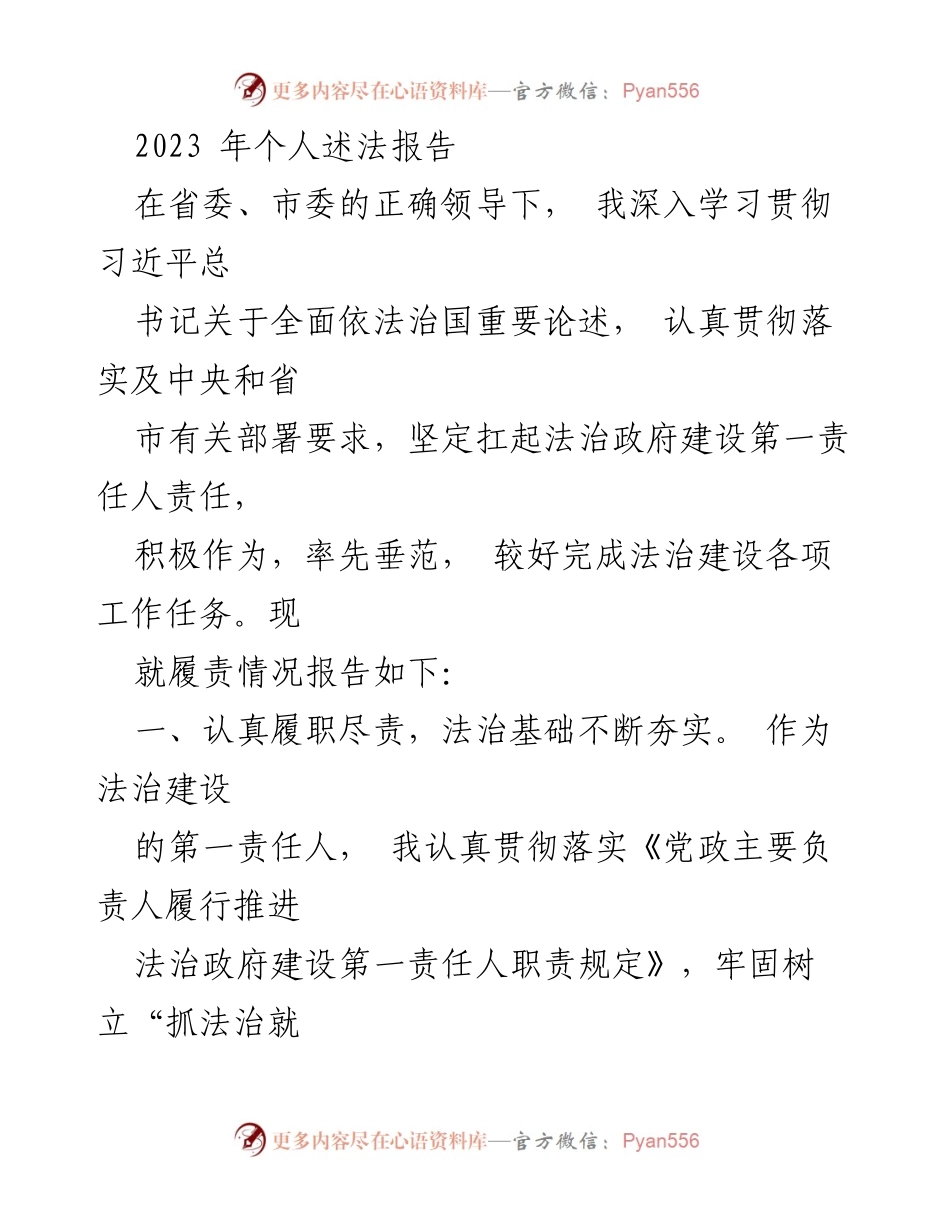 [述法报告] 个人述职 - 2023年法治政府建设履责情况报告.docx_第1页