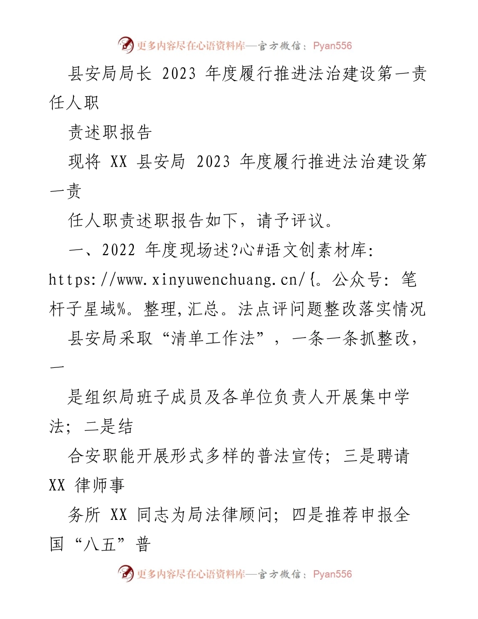[述职报告] 县安局 - 2023年度法治建设第一责任人履职情况述职报告.docx_第1页