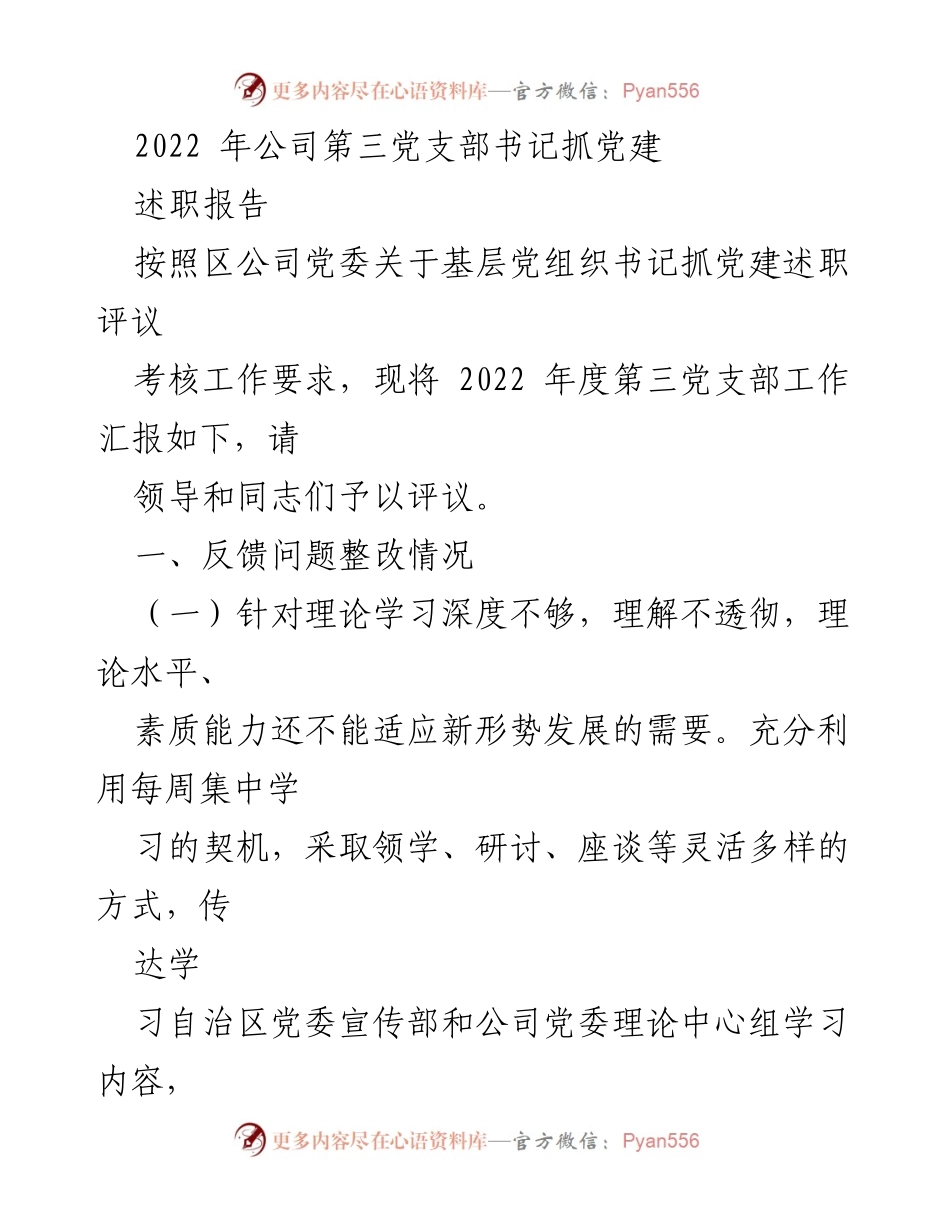 [述职报告] 党支部工作 - 2022年第三党支部书记抓党建述职报告.docx_第1页