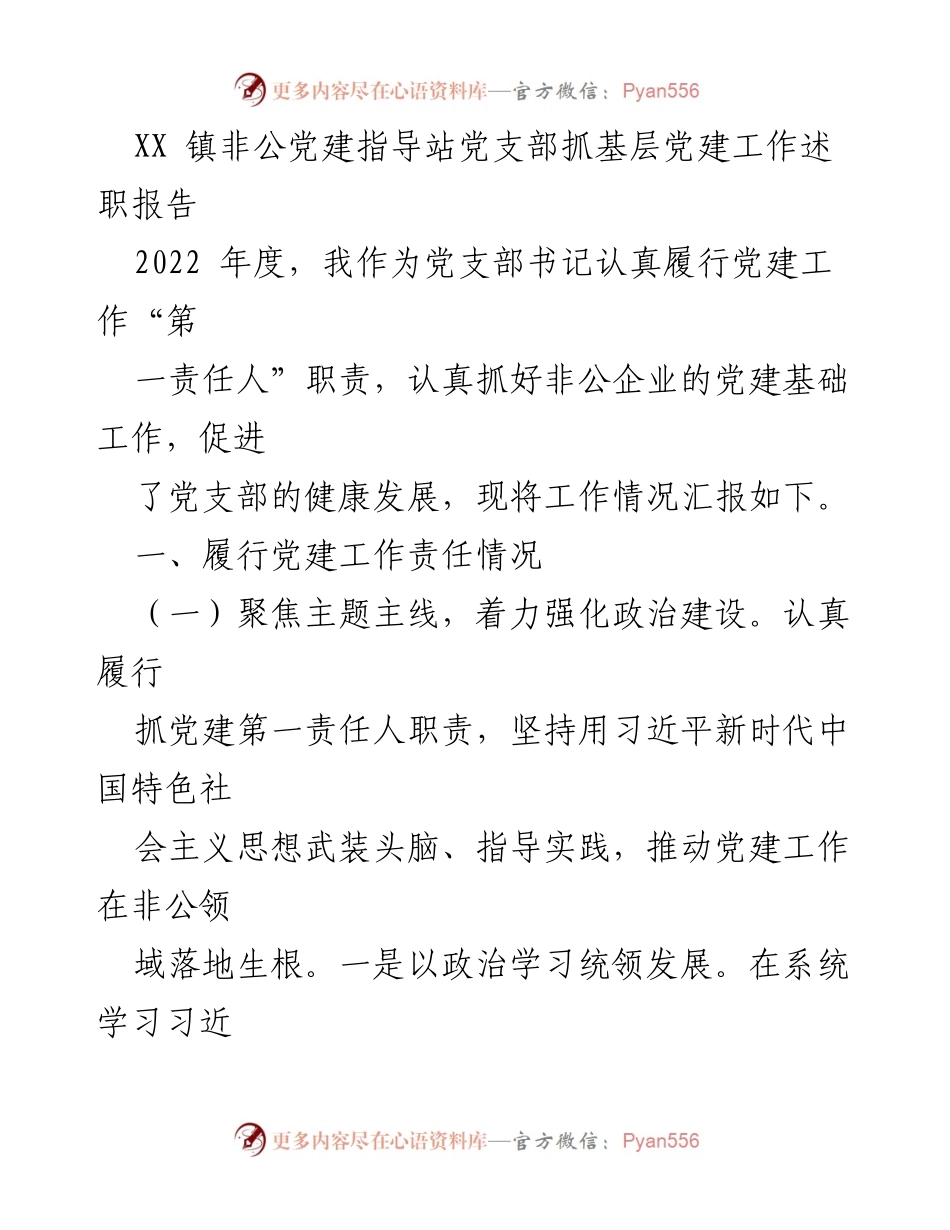 [述职报告] 党建工作 - XX镇非公党建指导站党支部2022年度工作述职报告.docx_第1页
