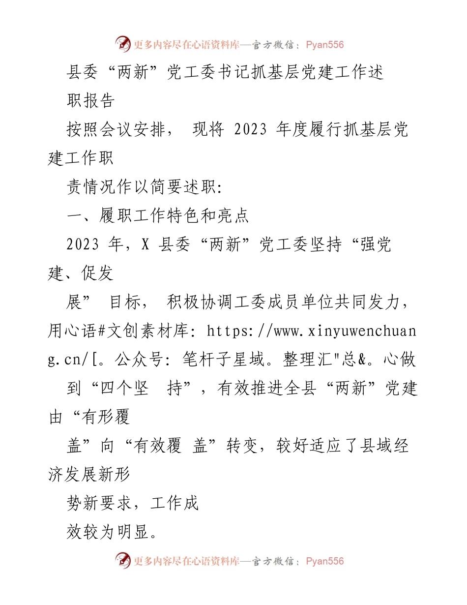 [述职报告] 县委“两新”党工委会议 - 2023年度基层党建工作述职总结.docx_第1页