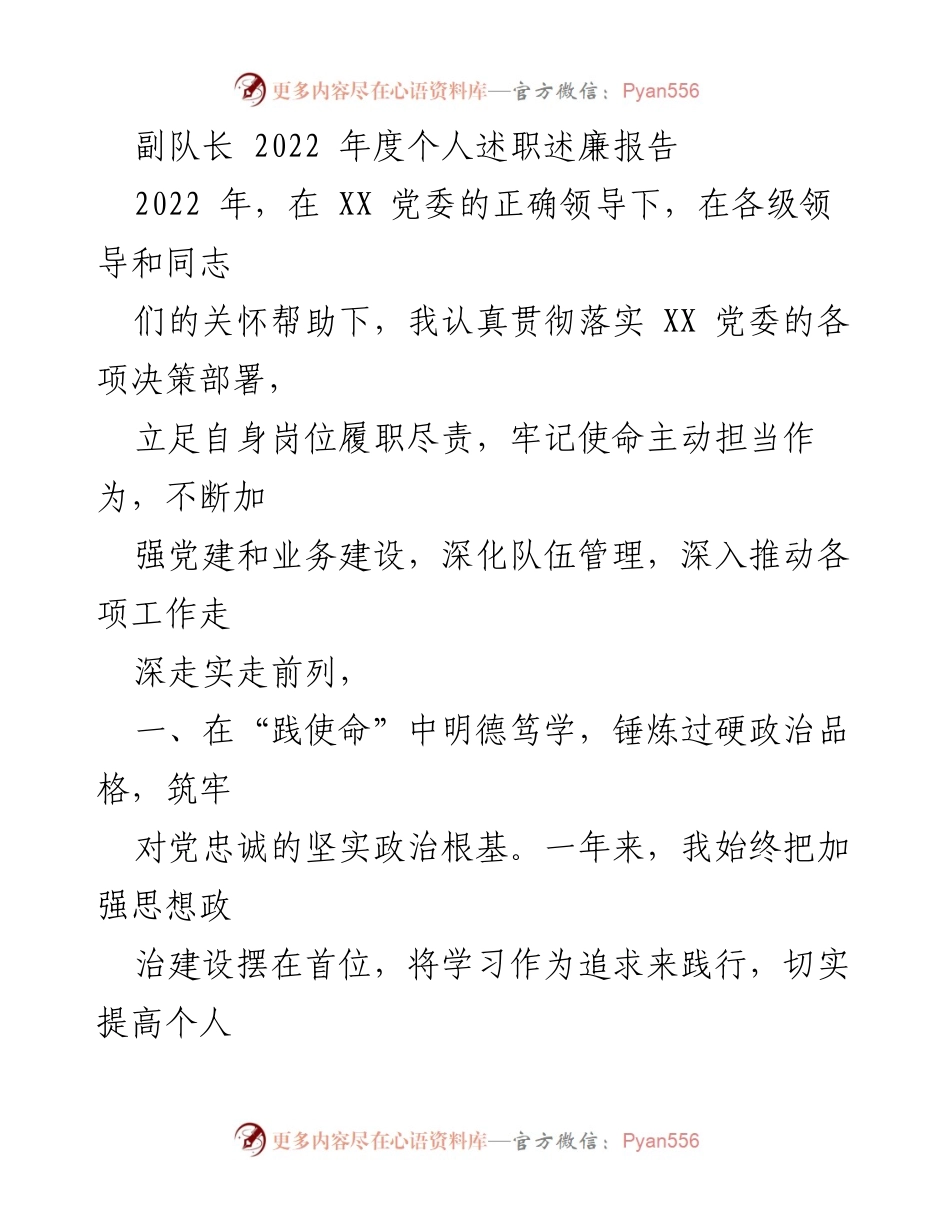 [述职报告] 2022年度 - 副队长年度述职述廉报告.docx_第1页