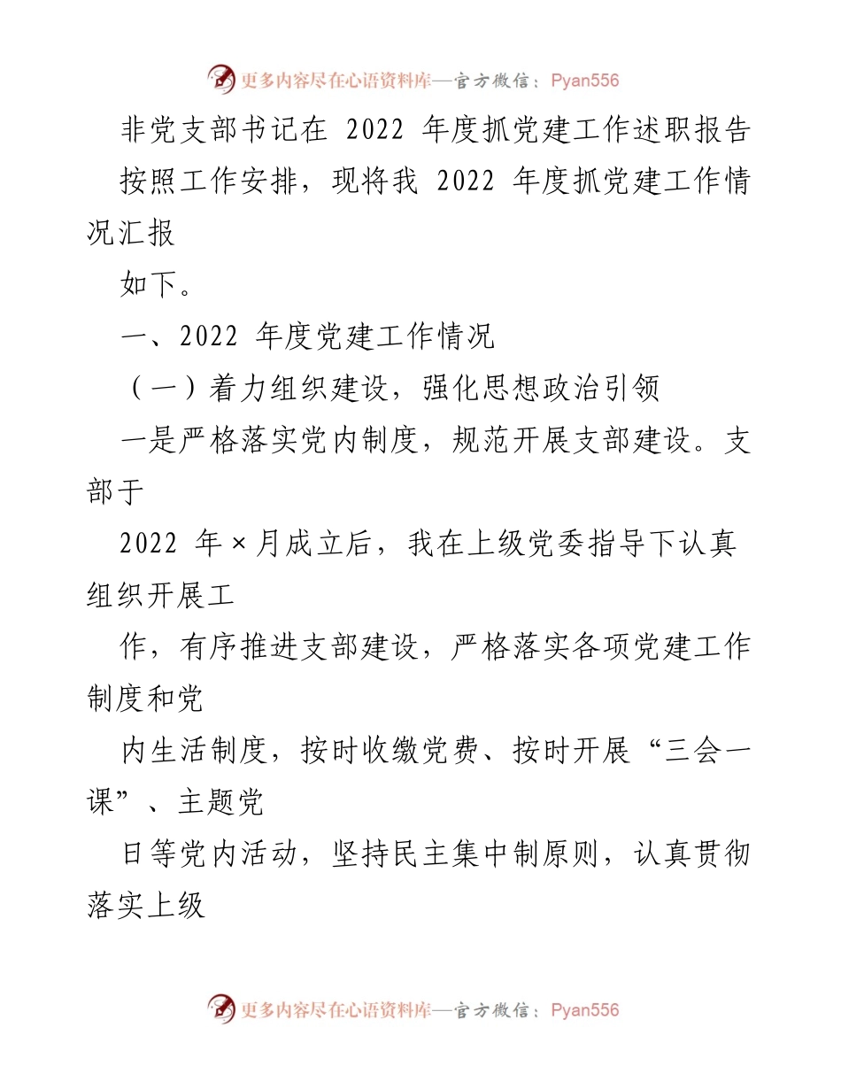 [述职报告] 党建工作总结 - 2022年度非党支部书记党建工作述职报告.docx_第1页