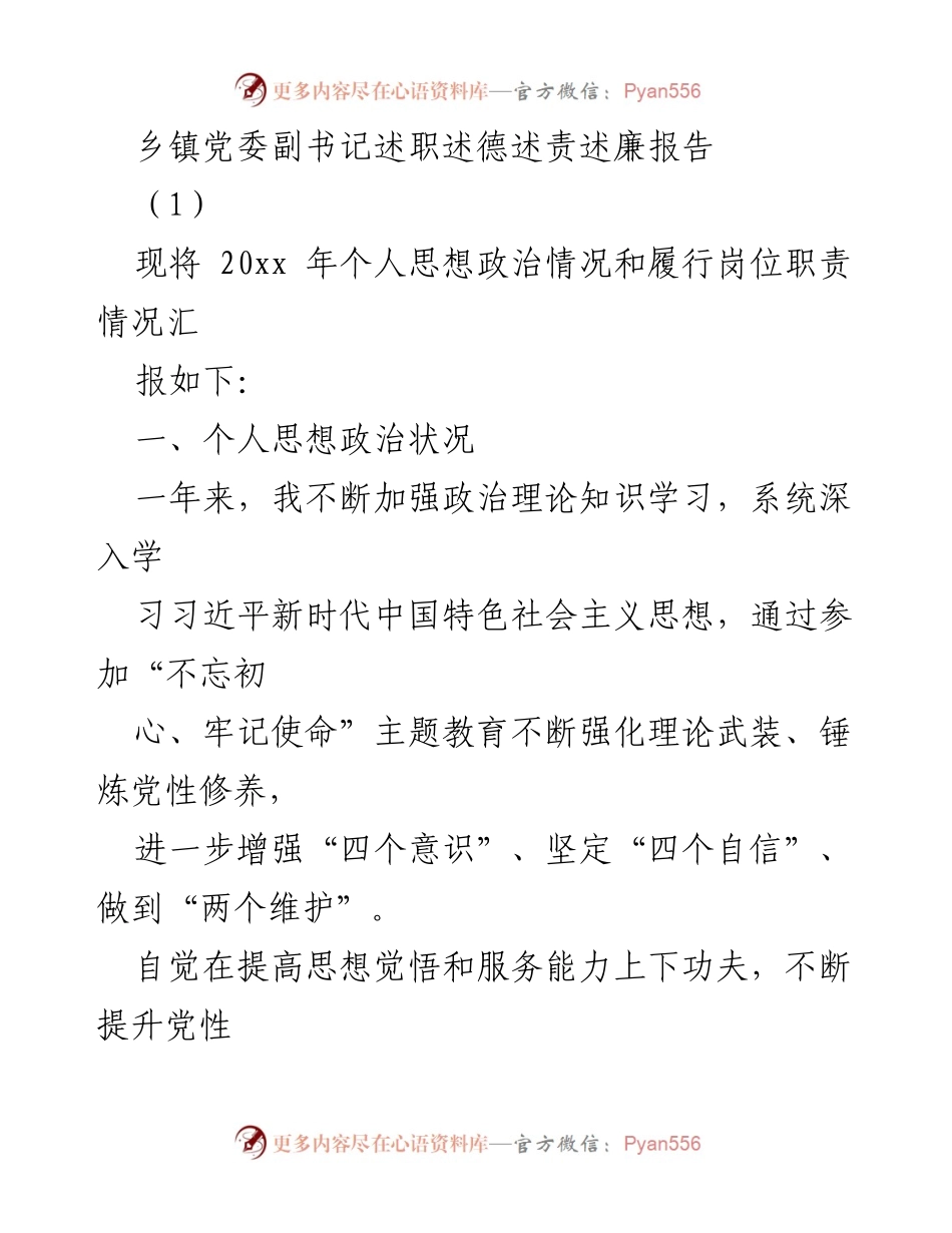 [述职报告] 乡镇党委工作 - 乡镇党委副书记述职述德述责述廉总结报告.docx_第1页