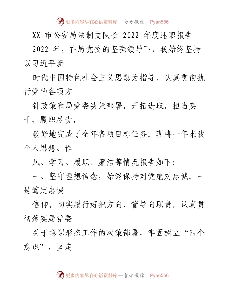 [述职报告] 公安局 - XX市公安局法制支队长2022年度述职报告.docx_第1页