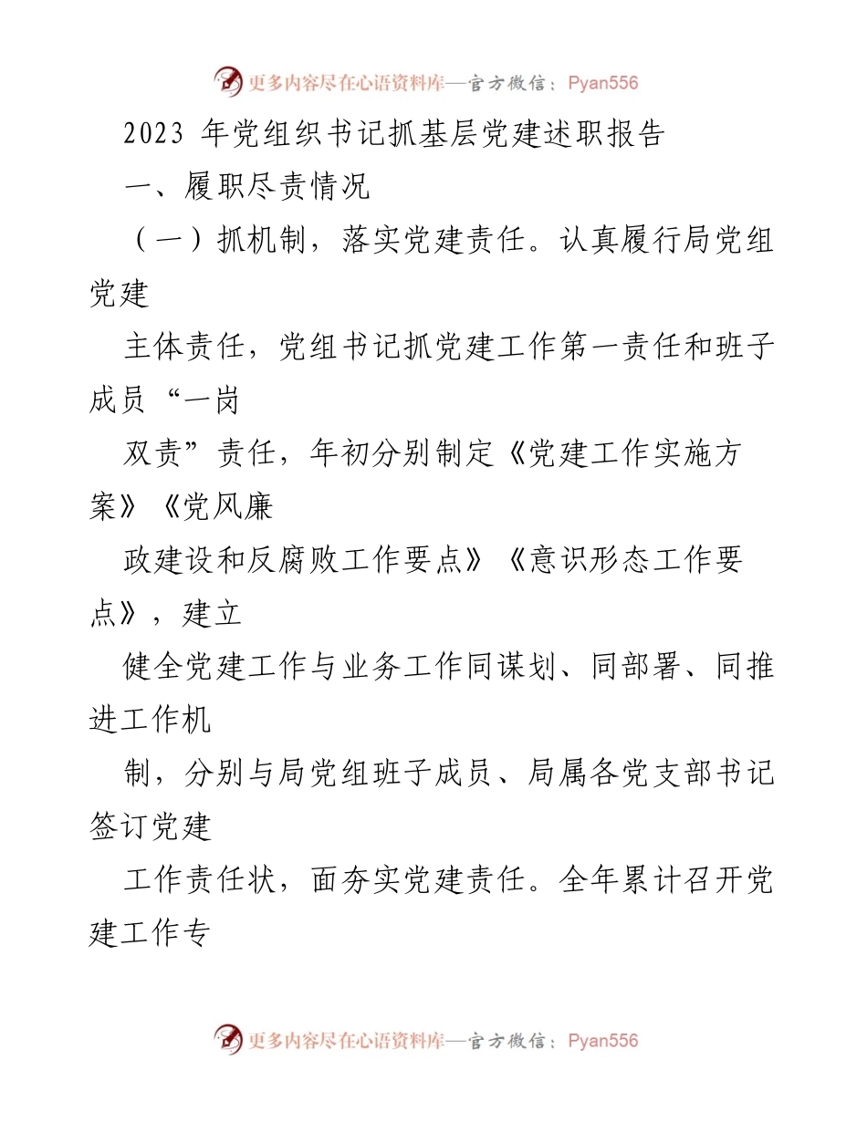 [述职报告] 党建工作 - 2023年党组织书记抓基层党建述职报告_1.docx_第1页