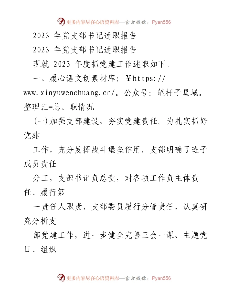 [述职报告] 党支部工作 - 2023年党支部书记述职报告.docx_第1页