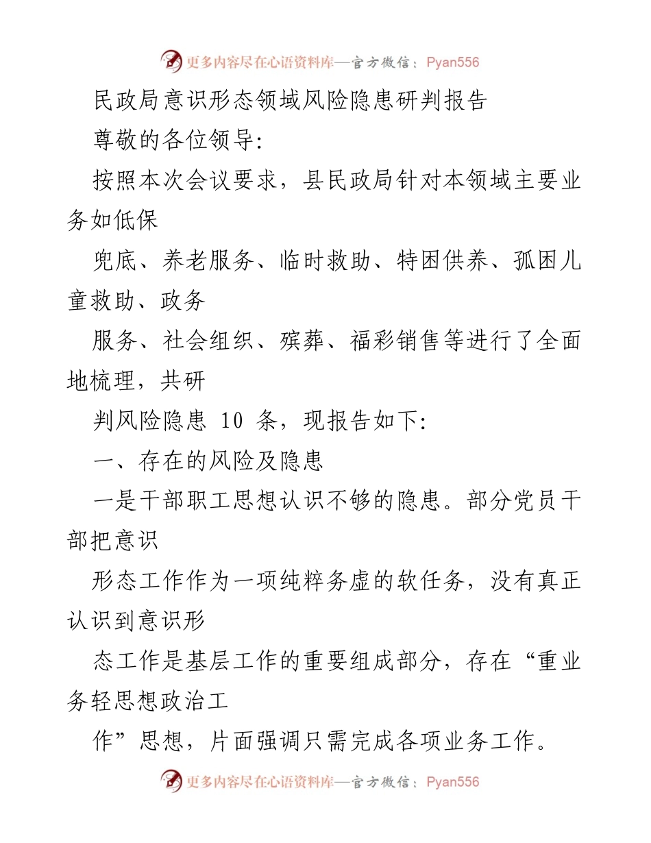 [调研报告] 民政局会议 - 民政局意识形态领域风险隐患研判报告.docx_第1页