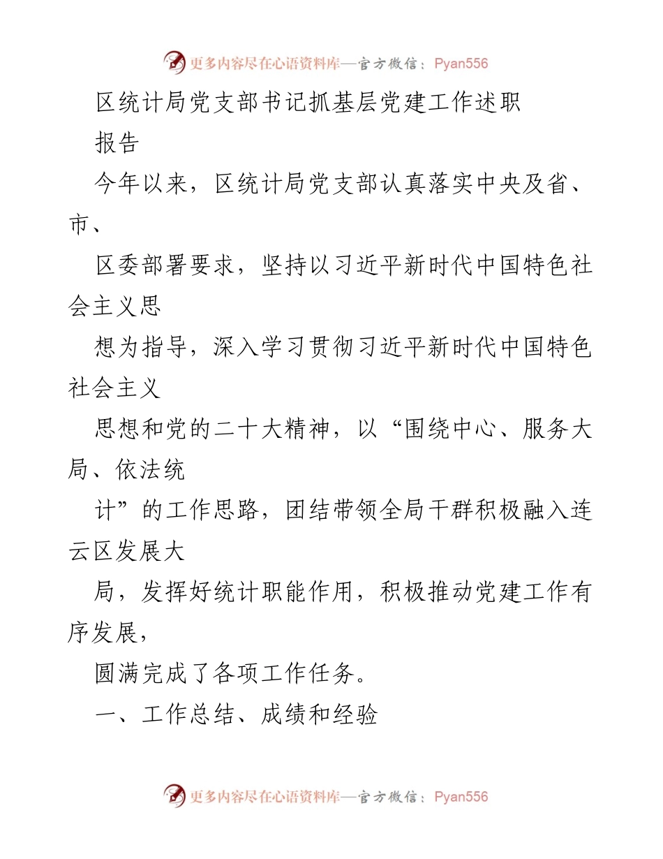 [述职报告] 党建工作 - 区统计局党支部书记抓基层党建工作述职总结.docx_第1页