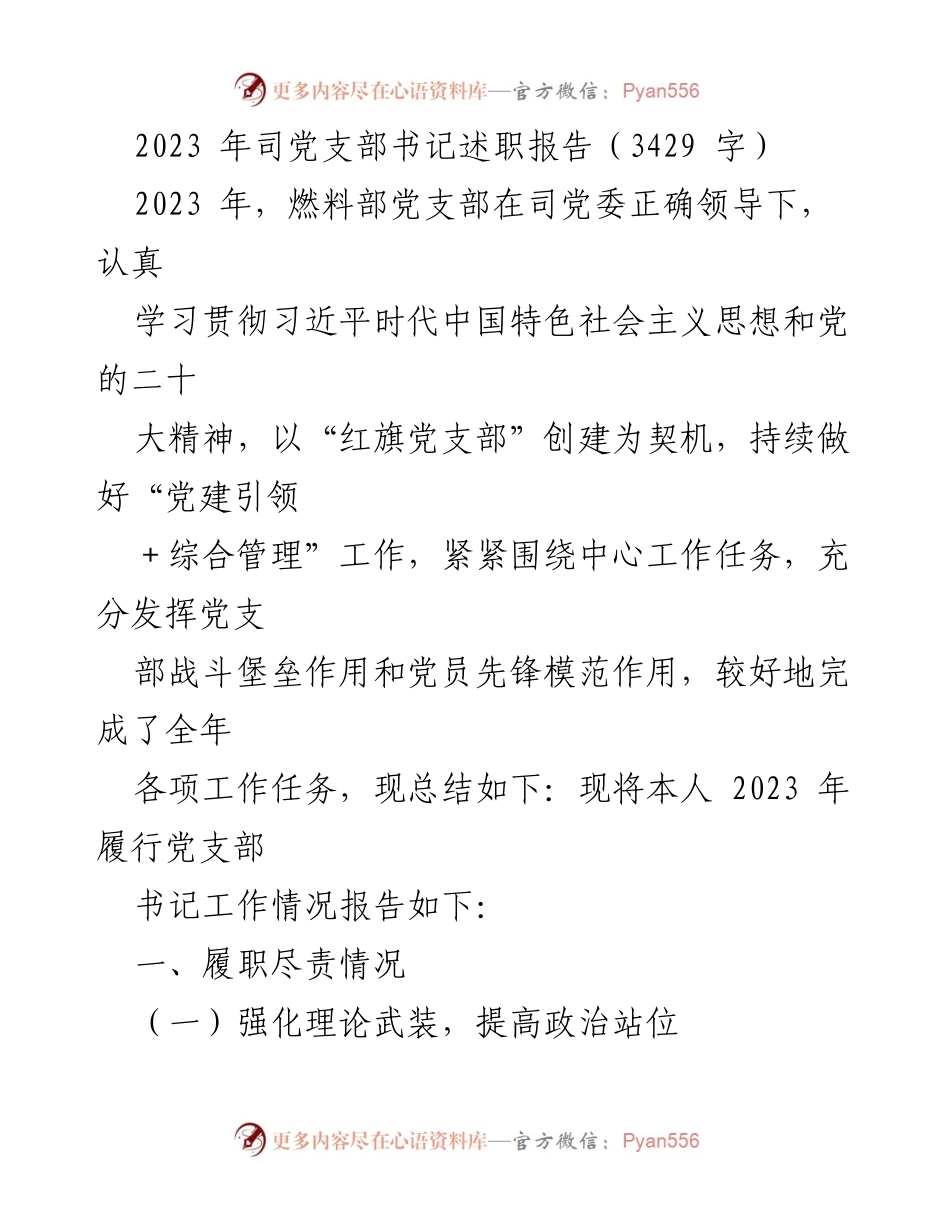 [述职报告] 党支部工作总结 - 2023年燃料部党支部书记述职报告.docx_第1页