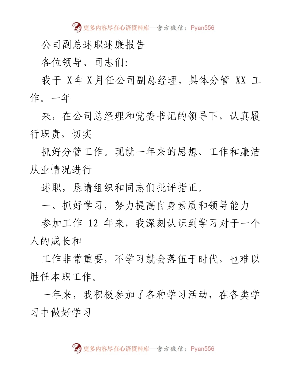 [述职报告] 公司副总经理述职 - 副总经理年度述职述廉报告.docx_第1页